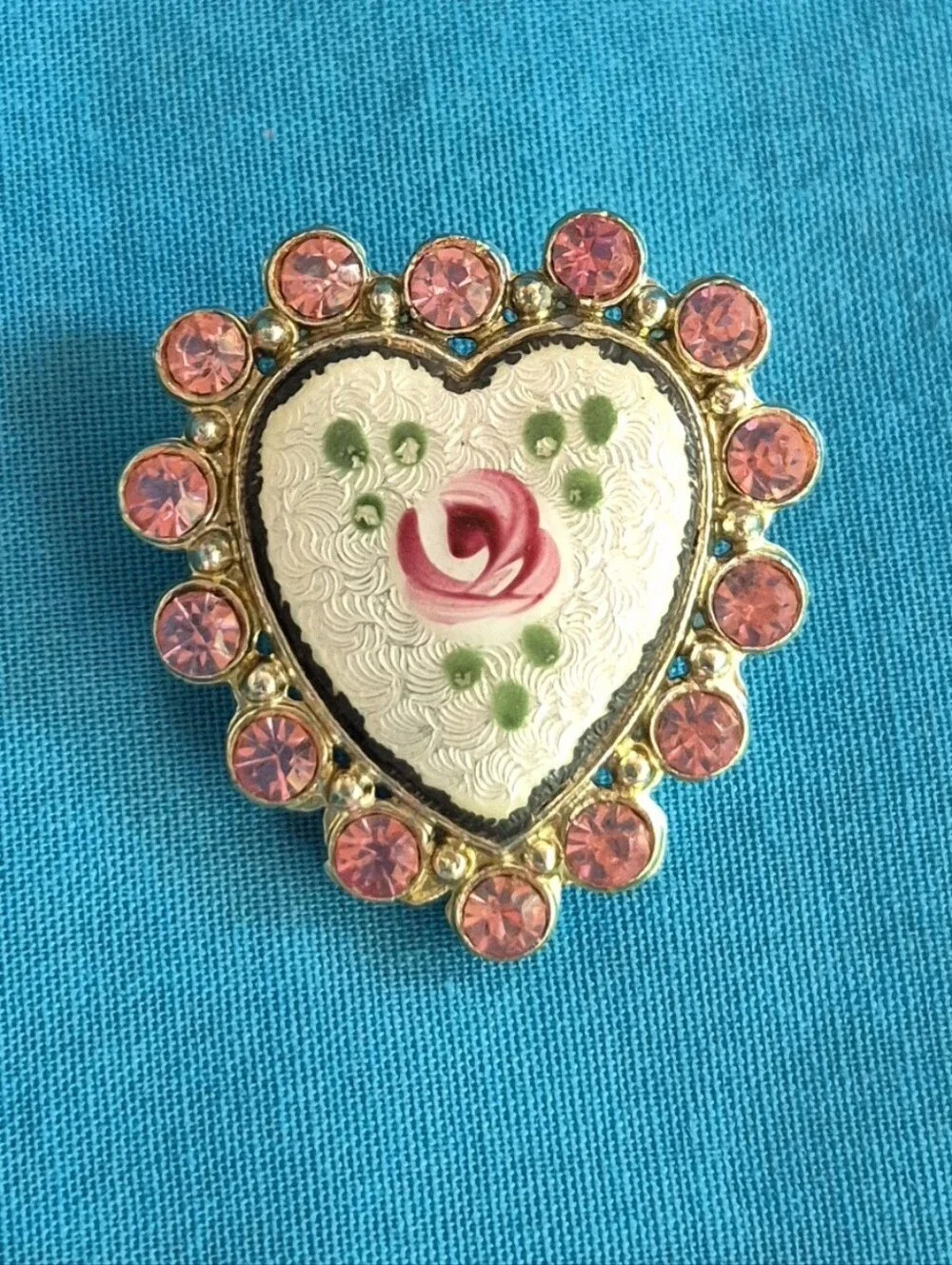 Coro Heart Hand Painted Rose Brooch Pink Rhinestones White Guilloche Enamel Vtg